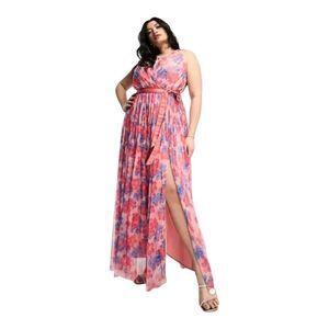 Anaya Wrap Front Chiffon Coral Blue Romantic Tulle Floral Maxi Dress Size 18
